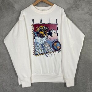 Vintage Vail Skiing Sweatshirt Mens XL White Sansegal 90s Graphic Pullover Surf